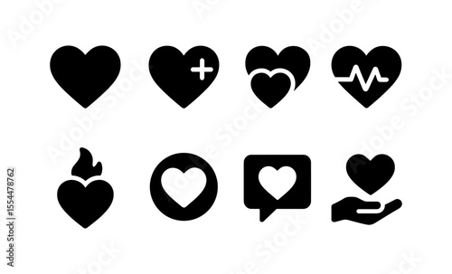 Minimalist heart icons set: healthcare, interaction, charity, fitness, and passion symbols