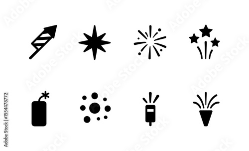 Black fireworks icons collection: festive symbols for celebrations and events