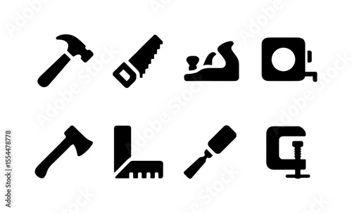 Black silhouette icons of carpentry tools for woodworking and diy projects