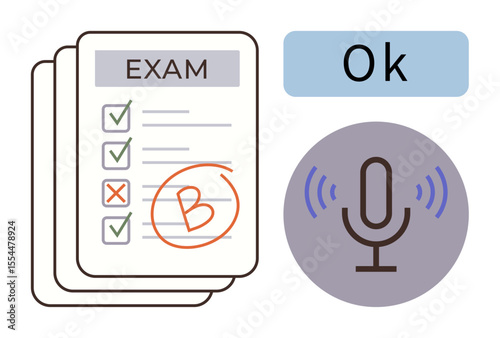 Graded exam paper with highlighted answers next to a voice interaction icon and label Ok. Ideal for education, assessment analysis, feedback, voice technology, AI tools, learning, communication