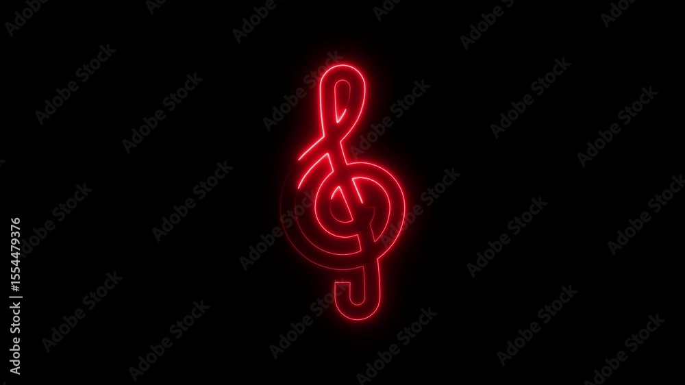 Animated red neon treble clef glowing against a dark black background