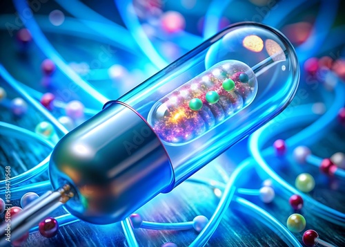 Futuristic capsule with internal molecular structure and glowing blue elements