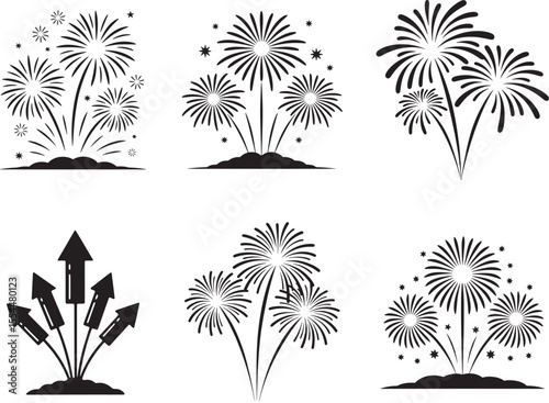 Festive 4th of July Firework Burst Silhouette Icons ; celebration, party, festive, graphic design elements.