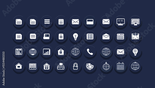 Collection of White Business and Communication Icons on a Dark Blue Background