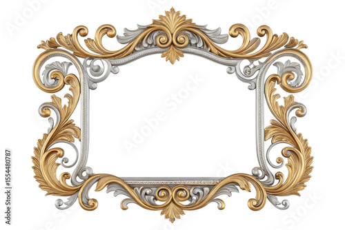 Ornate gold and silver decorative frame with acanthus leaves isolated on transparent background