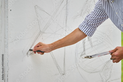 Young asian male with glasses sketches complex geometric shapes on white wall. Casual striped shirt, focused expression. Soft daylight illuminates scene