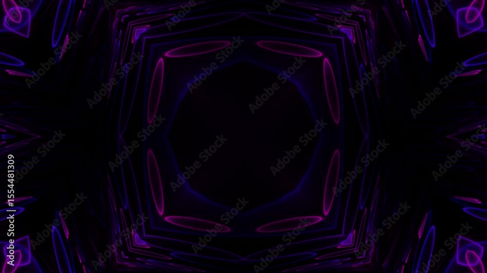Abstract Neon Kaleidoscope Lines Loop on Black Canvas. Seamless animation of glowing neon lines in kaleidoscopic symmetrical pattern