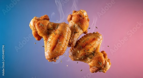 Deliciously seasoned chicken wings floating in the air with smoky wisps