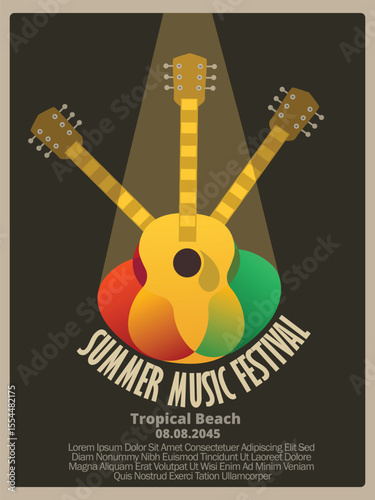 abstract of three acoustic guitar blend together in red yellow and green color. summer music festival poster template vector illustration