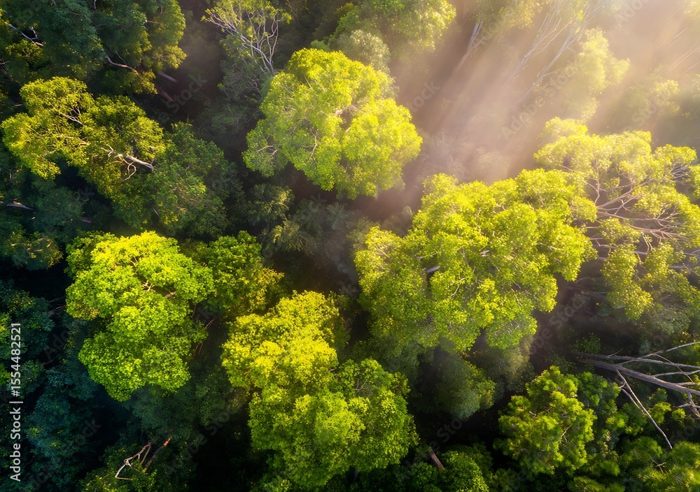 Naklejka premium Aerial view into a sunlit forest