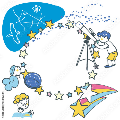 サークルフレームで繋がる天体観測を楽しむ小学生　せセットのストックイラスト素材
