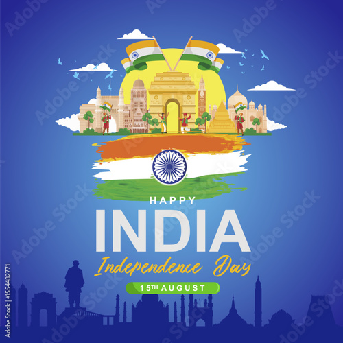 79th years India independence day  15th August 2025 celebration designs with national culture, monuments, and skyline silhouette. Bhārat Gaṇarājya Independence day greeting, banner, poster, background