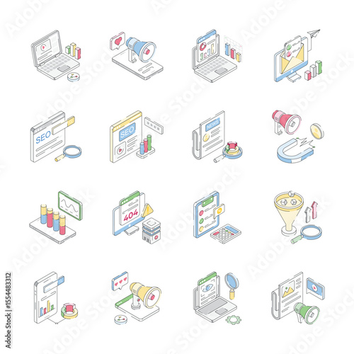 Handy pack of seo services and publicity icon in isometric style
