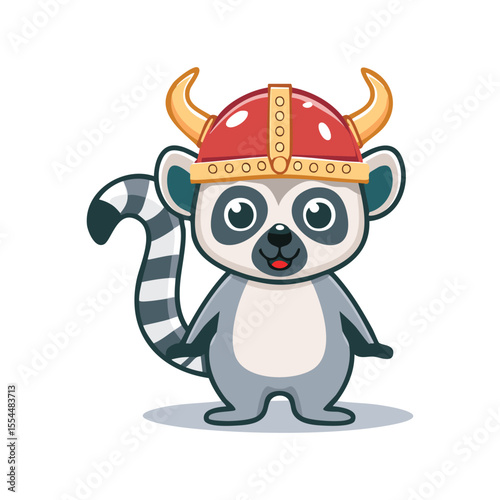 Simple Illustration Cute Lemur with Viking Helmet