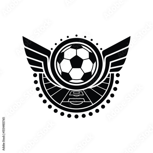 Black silhouette Soccer Logo with Ball, Wings, and Field Graphic Design

