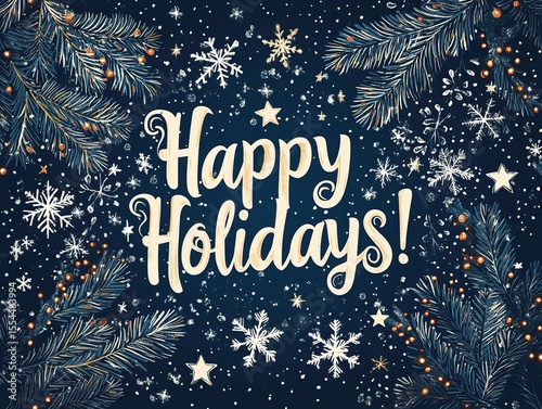 Dark Blue Holiday Card Vector: White Snowflakes Stars with 'Happy Holidays' Text, Minimalist Flat Design for Social Media