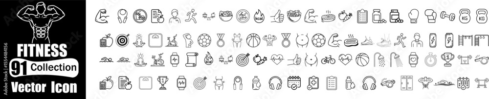 Naklejka premium Editable Stroke Vector Collection - Fitness, Cardio & Strength Training Icons