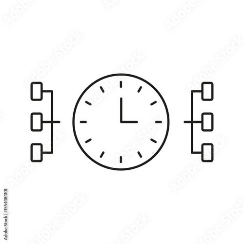 Clock With Network Nodes Line Icon. Time Synchronization And Data Flow Management Outline Symbol. Efficient Network Communication. Editable Stroke. Isolated Vector Illustration
