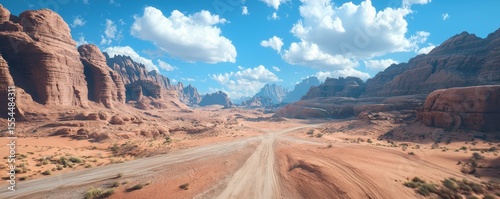 A vast desert landscape featuring rugged red rock formations, a dusty road, sparse vegetation, and a bright blue sky with scattered white clouds.