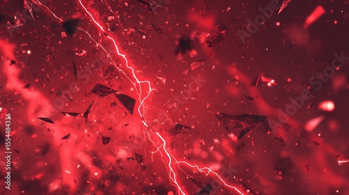 Vibrant photo of dramatic red and black abstract background with lightning bolts and shattered glass fragments creating an intense cinematic atmosphere.
