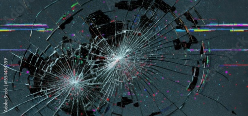 Close-up of double impact shattered LCD television screen with pixel damage, broken glass and visual distortion from electronic device malfunction.