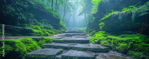 A mystical moss-covered stone pathway winds through a foggy, lush green forest, creating an enchanting and serene atmosphere.