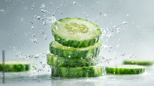 Refreshing Concept with Sliced Cucumber and Splashing Water