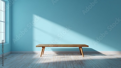 Vibrant photo of empty light blue wall and wooden floor with sunlight and shadow, empty table top for product presentation in a minimal interior background. 3D rendering.