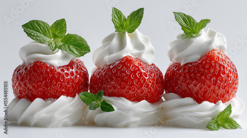 Strawberries Topped with Whipped Cream and Mint Leaves
