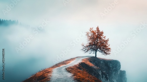 A solitary tree with red leaves stands at the edge of a cliff, surrounded by mist and a winding path leading to it.