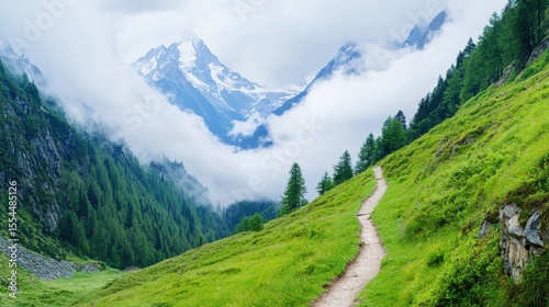 A serene mountain trail winds through lush green meadows, with snow-capped peaks and misty clouds in the background.
