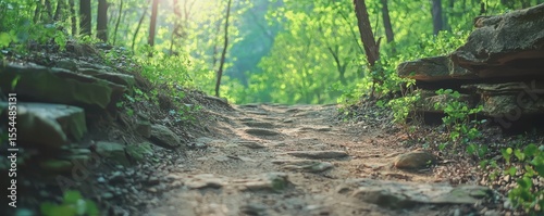 A sunlit forest path with rocks and greenery on both sides, leading into a bright, lush wooded area.