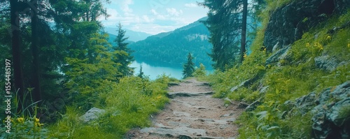A rocky mountain trail winds through lush greenery with trees, overlooking a serene lake and distant hills under a partly cloudy sky.