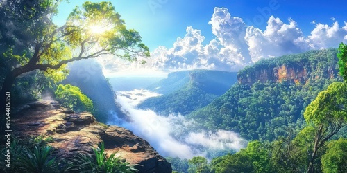 A breathtaking view of a sunlit valley with lush green forests, misty clouds, and rocky cliffs under a vibrant blue sky.