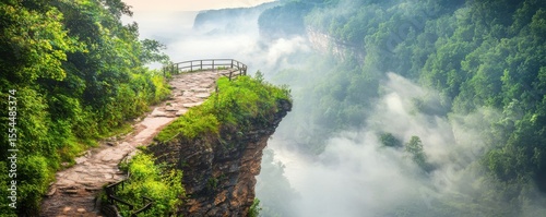 A scenic cliffside walkway surrounded by lush green forests and misty valleys in a tranquil natural setting.
