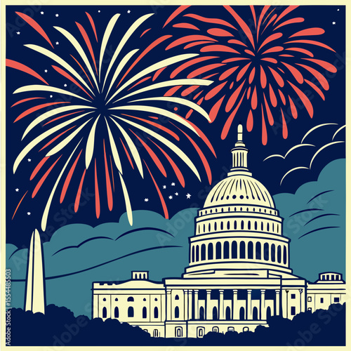 Fireworks exploding behind the Capitol building – a vibrant symbol of American pride and celebration