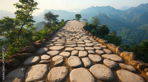 A stone-paved pathway stretches into a lush mountainous landscape under a hazy sky.