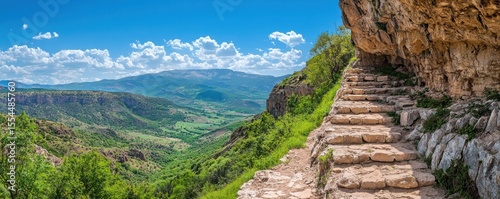 A scenic mountain landscape with stone steps carved into a rocky hillside, overlooking lush green valleys and distant peaks under a bright blue sky.