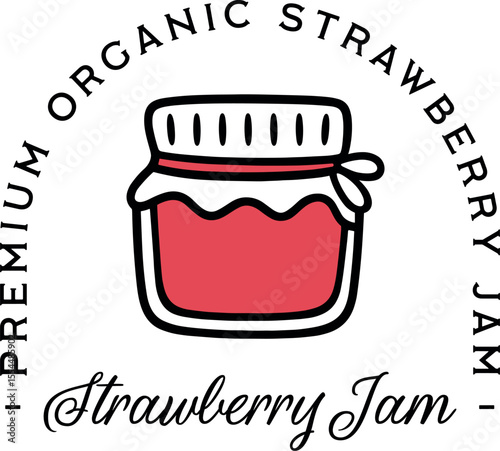 Organic strawberry jam premium quality natural strawberries flavor aesthetic jar logo label sticker badge. Cute cottagecore retro coquette fancy minimal drawing illustration shirt design clipart.