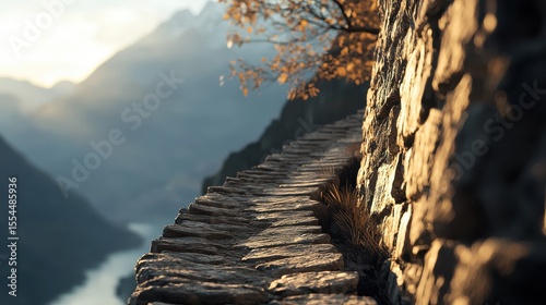 A close-up view of a stone wall along a mountain path, with autumn leaves and misty mountains in the soft background light.