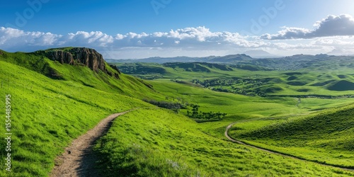 A winding dirt path cuts through vibrant green rolling hills under a blue sky with scattered clouds.