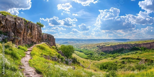 A scenic landscape with a rocky cliff, green fields, and a winding trail under a bright blue sky with scattered clouds.