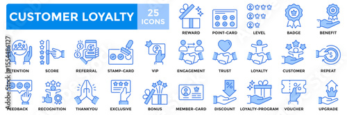 Customer loyalty icon collection set.Containing feedback, reward, Discount, bonus, voucher, benefit icon. Simple blue vector illustration.