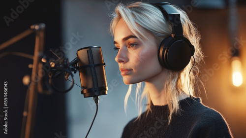 Focused young woman wearing headphones recording in studio with microphone, working on podcast, voiceover, or music production under warm ambient lighting.