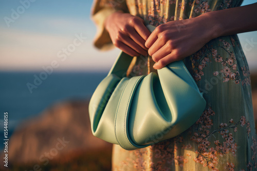 Woman holding stylish mint green leather handbag in floral dress near scenic ocean cliff at golden hour, blending fashion, elegance, and nature.