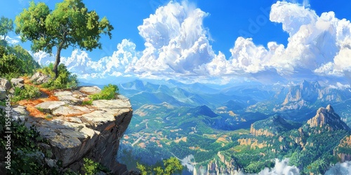 A vibrant landscape painting of a rocky cliff with a tree overlooking a vast valley of mountains beneath a bright blue sky filled with fluffy clouds.