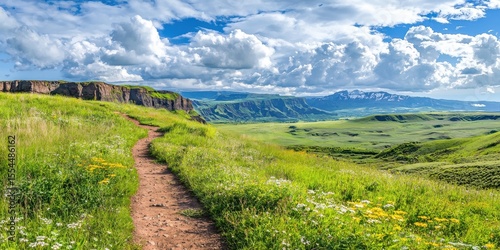 A winding dirt path meanders through lush green grasslands under a partly cloudy blue sky, leading toward distant cliffs and rolling hills.