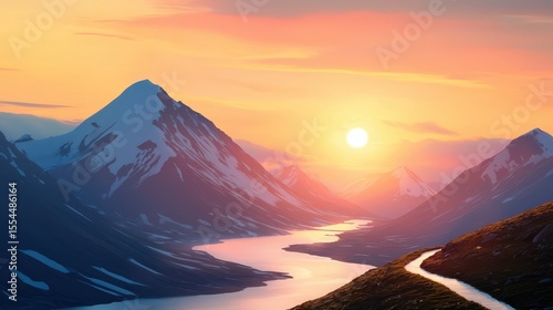 A serene sunset illuminates snow-capped mountains and a winding river, creating a tranquil and breathtaking natural landscape.