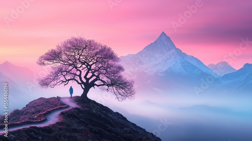 A lone person stands beneath a bare tree on a hill, overlooking a misty valley with a snow-capped mountain against a vibrant pink and purple sky at sunrise or sunset.