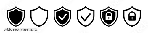 Security shield icons, security shields logotypes with check mark and safe lock. Safety shield symbols